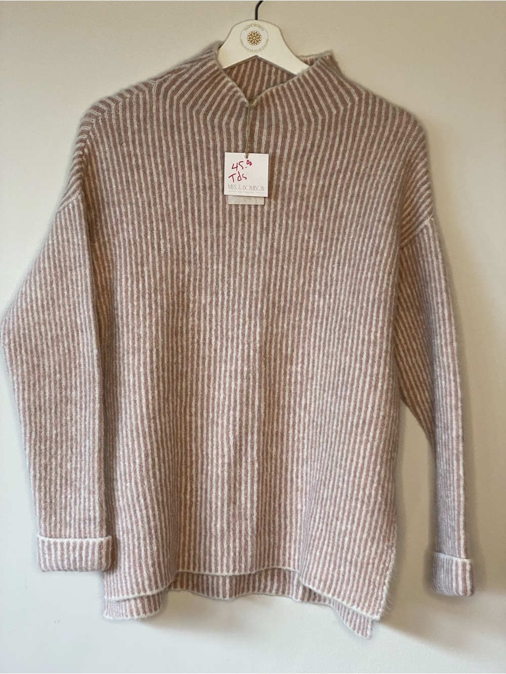 Soft Ribbed Mock Neck Sweater in Blush and Cream